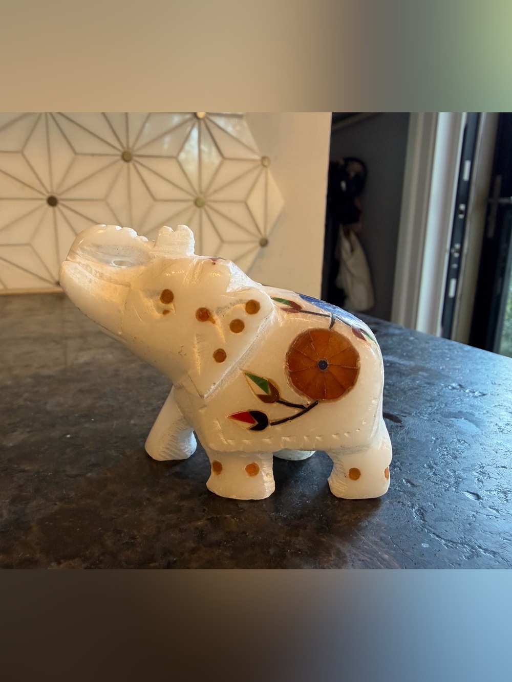 Vintage Hand Carved White Stone Elephant Figurine Floral Inlay India Decor